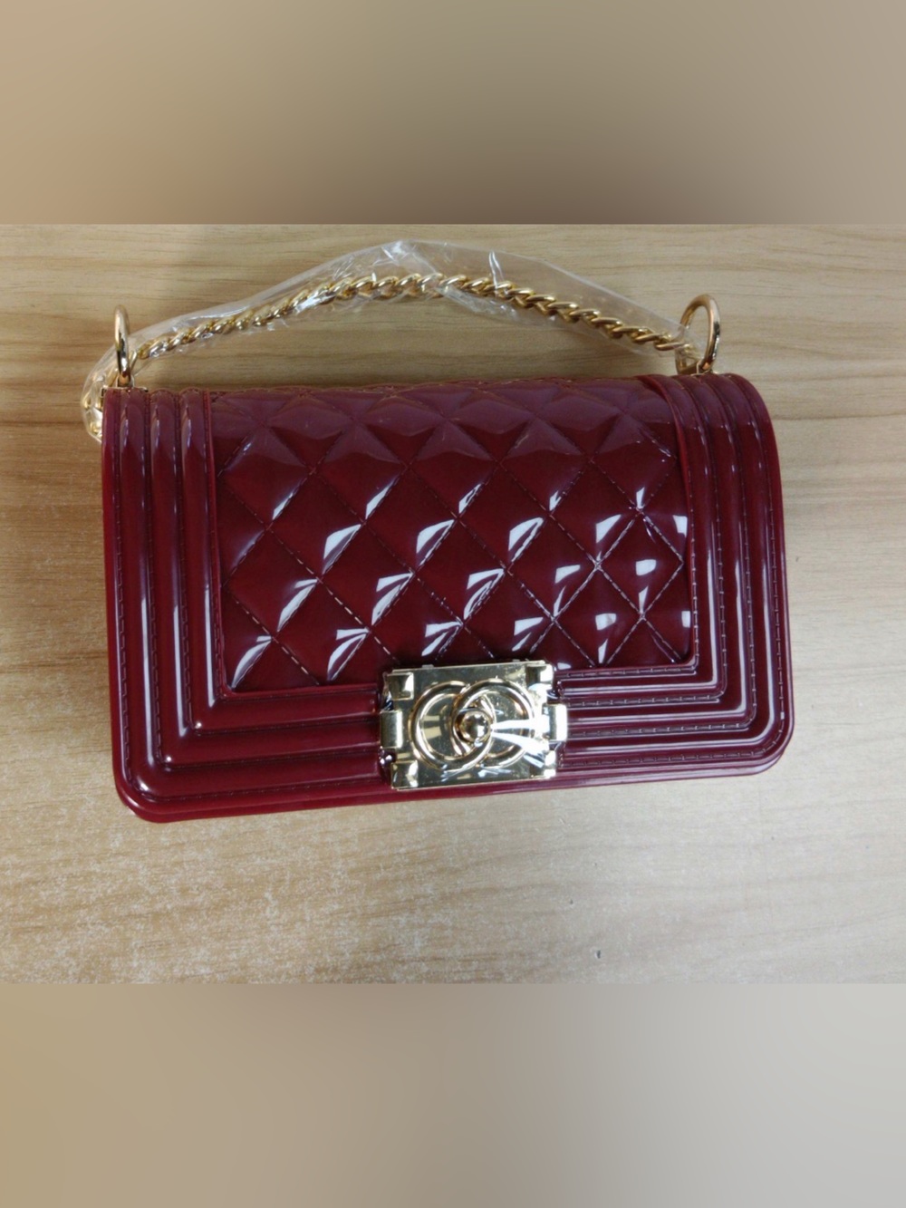 Quilted Patent Crossbody Bag with Gold Chain - Red